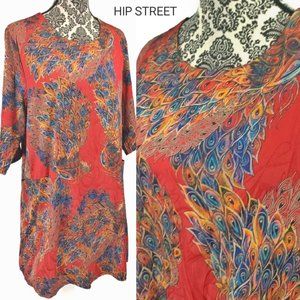 KE KE Dress Peacock Print Silky Tent L NWT